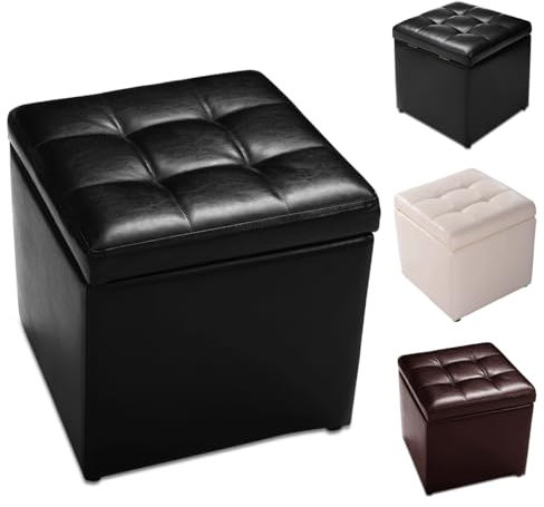 HOMASIS Quadratischer Sitzsack, Fußstütze aus PU, Aufbewahrungsbank für Schlafzimmer, Eingangsbereich, Wohnzimmer, niedriger Hocker, 40 x 40 x 40 cm, Tragkraft 110 kg (Schwarz)