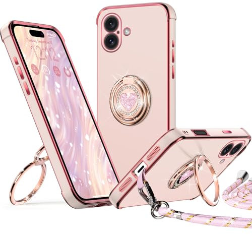 XYZ for iPhone 16 Case with Stand, Heart Lanyard for Girls Women, Luxury Cute Bling Protective Phone Cover for iPhone 16, Pink