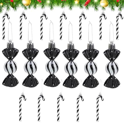 Zuckerstangen Weihnachten Deko AUEJACKY 18 Stück Weihnachts-Zuckerstangen-Ornamente Schwarz & Weiß Süße Weihnachtsanhänger Weihnachtsbaum Deko Weihnachtskugeln Glitzer Weihnachtsbaumschmuck