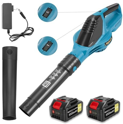 Wgkok Leaf Blower Cordless - 21V 5-Speed Mode Electric Cordless Leaf Blower with 2 Batteries and Charger, 2.0Ah Lightweight Battery Powered Leaf Blowers for Lawn Care, Patio, Blowing Leaves (Blue)