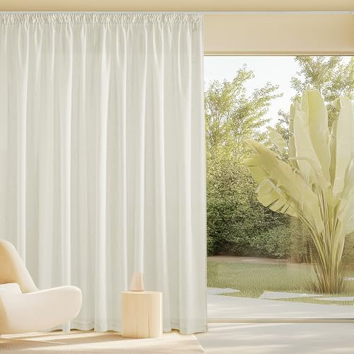 PONY DANCE Linen Curtains with Rail Hooks Gardinen Wohnzimmer Vorhänge Leinen Kräuselband 1er Set Boho Gardinen für Schienesystem Leinenvorhang Halbtransparent, H 260 x B 300 cm, Elfenbeinweiß