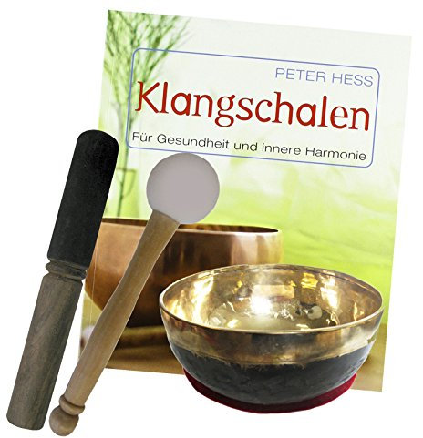 Klangschale für Klangtherapie & Klangmassage 6-tlg Set + Peter Hess Klangschalen Therapie Buch. 300-400g UNIVERSALSCHALE Himalaya Region Tibet/Nepal mit Kissen, Reibe- & Therapie-Klöppel. 70179