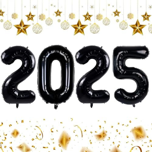 Anlgdi Silvester Deko 2025 Luftballon Dekoration Set, Luftballons 2025 Neujahr Silvesterdeko Schwarz, Neujahr Deko Folienballon 2025 für Jahreswechsel Neujahr Silvester Party Dekorationen