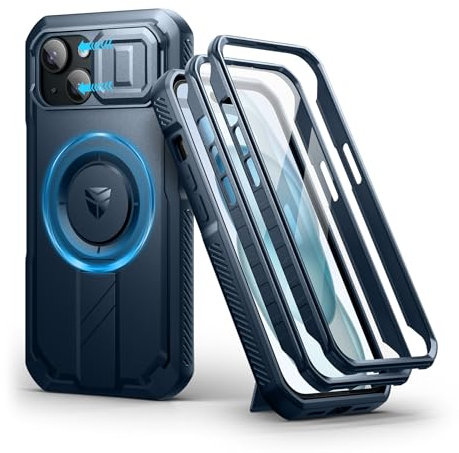 Dexnor Kompatibel mit iPhone 15 Hülle mit Kameraabdeckung Schieben & Einstellbarer Kickstand & Integrierter Displayschutz, Robuste stoßfeste Bumper Heavy Duty Mangetic Schutzhülle - Marineblau