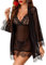 Avidlove Damen Dessous Set 3-Teilig Sexy Spitze Unterwäsche Set mit Slip Nachthemd Lingerie Morgenmantel Negligee Kimono Reizwäsche Babydoll und Höschen Schwarz M