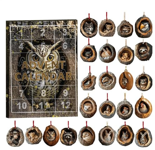 Tier Ornament Adventskalender 2024, 24 Weihnachtsbaum Loch Tier Anhänger Weihnachten Adventskalender, Waldtier Weihnachtsbaum Anhänger Countdown Kalender Geschenke für Tierliebhaber