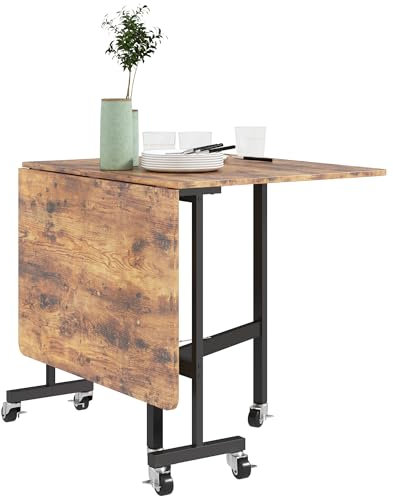 HOMCOM Mobile Drop Leaf Table, Folding Dining Table with 6 Wheels & Brakes, Kitchen Table for Small Spaces, Rustic Brown