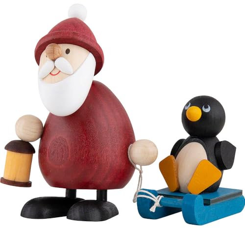 Erzgebirge Palast Ullrich Kunsthandwerk Weihnachtsmann mit Schlitten und Pinguin - 9,5 cm