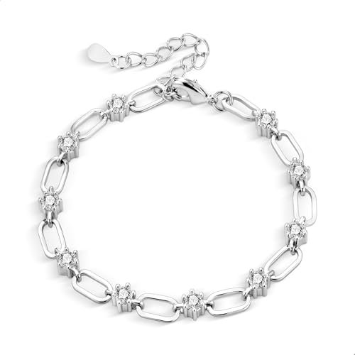 ALEXCRAFT Sterling Silver Bracelet for Women Ladies, Plated 925 Sterlingsilver Adjustable Bracelets with Ball Zirconia Bracelet Silver Cuban Link Paperclip Choker Bracelets Chains Women Ladies Mom