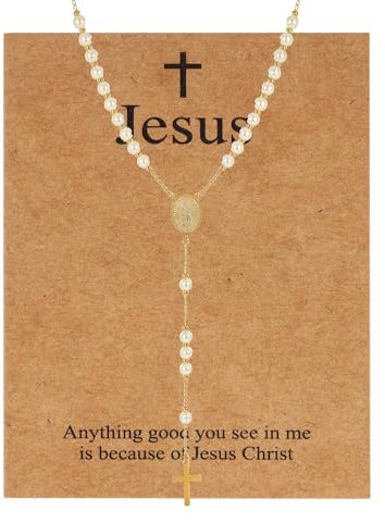 MILAKOO Rosenkranz Perlen Katholische Halskette für Frauen Männer 6mm Gold Perle Kreuz Y Anhänger Kette mit Edelstahl Kruzifix und Jesus Karte für Herren Damen