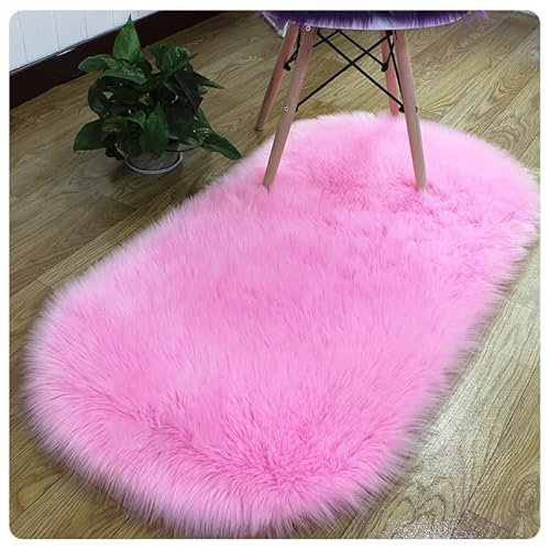 Rockreyoa Fellteppich Kunstfell Lammfell Schaffell Teppich Faux Lammfell Schaffell Teppich Longhair Flauschiger Teppiche Weicher Fell Carpet Nachahmung Wolle Bettvorleger für Sofa Rosa 50x80cm