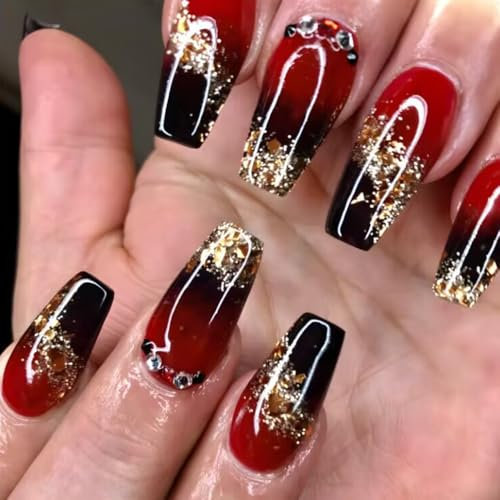 Faux Ongles Mi-longue MouyouGlow,Ballerine Rouge Dégradé Noir Paillettes French Strass Halloween Press on Nails avec Colle à Ongles,Red Ombre Black Sparkly Diamant Fake Nails