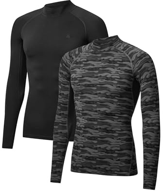 DANISH ENDURANCE Long Sleeve Compression Top Men, Quick Dry Compression Shirt, Men's Base Layer Shirts, 2-Pack, Multicolor (1xBlack, 1xGrey Camo), Medium