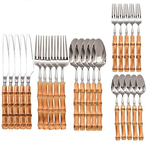 Set di posate, Set di posate in acciaio inossidabile con manico in bambù creativo da 15 pezzi - Eleganti stoviglie for la casa e gli eventi da pranzo(25pcs)