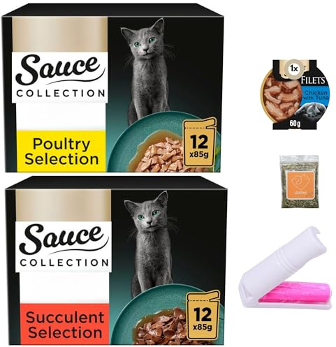 Adult Wet Cat Food Bundle with Sauce Collection (12x85 gram Poultry,12x85 gram Mixed) and 1x60 gram Chicken Tuna Fillet Tray in Gravy plus UbiPet Lint Roller and Catnip