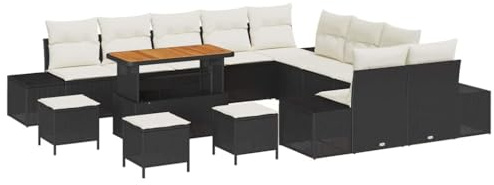 vidaXL Garten-Sofa-Set mit Kissen 14 pcs Schwarz Poly Rattan, Garten Lounge Set, modulare Rattan Möbel, verstellbare Füße, rechteckige Couch, robuste Sitzgelegenheit für Terrasse