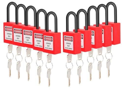 10 Stück Vorhängeschloss Gleichschließend Lockout Tagout Schlösser 38 Mm, Rotes Nylon Loto Sicherheitsvorhängeschloss mit Je 2 Schlüsseln, Schreibetikett & Warnaufdruck für Anwendungen in Industrie