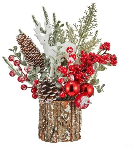 Yuanpgky Pequeño árbol de Navidad artificial para decoración de mesa con piñas y bayas, mini adorno navideño de PVC de escritorio sobre base de madera para interiores y exteriores (A)