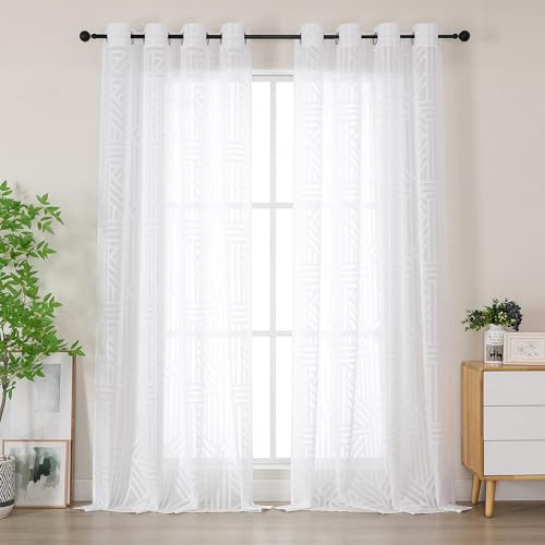 Simplebrand Balkontür Gardinen mit Ösen 2er Set, Halbtransparent Geometrisches Ausbrenner Muster Vorhang für Wohnzimmer Terrassentür, Lichtdurchlässig & Sichtschutz, 140x229 cm Weiß