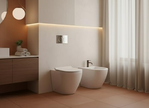 Coppia Sanitari Bent Rimless – Vaso + Bidet Filo Muro a Terra – Senza Brida, Coprivaso Soft-Close (Bianco Lucido)