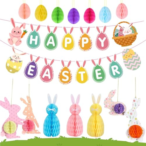 Shangkanlan 15pcs Easter Decorations Home, Easter Bunny Bunting & Banner Set, 3D Easter Egg & Bunny Honeycomb Decor, Easter Tree Table Decorations, Spring Party Supply