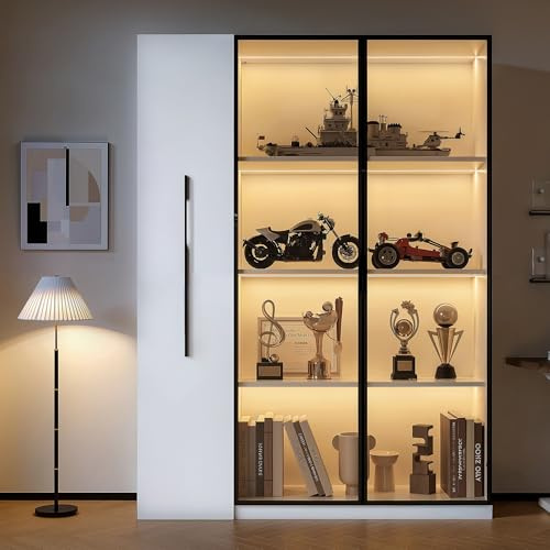Merax Vitrine 110,5×35×160 cm, Multifunktionsschrank mit Glastür und LED-Beleuchtung, Seitenauszug mit Stauraum, Hochschrank im französischen Stil, geeignet als Bücherregal, Esszimmer