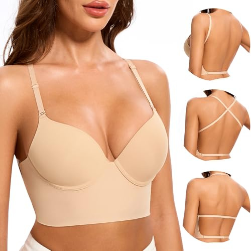 BUBBLEFOX Low Back Bra for Women-Seamless Invisiable Backless Bras-No Show Open Back Lightly Lined Low Cut Bra Multiway Halter Bras(Nude, 38D)
