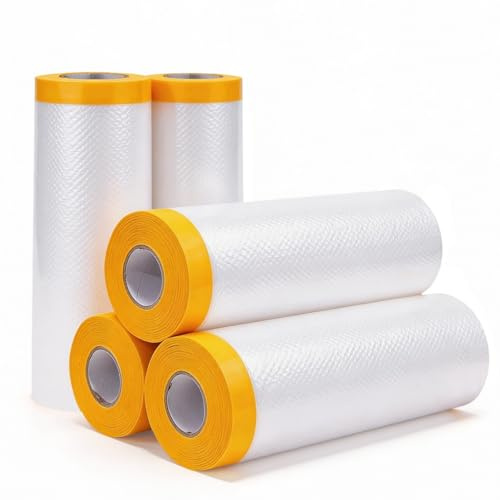 SNSYGN 5 Rolls Masking Tape with Plastic Sheet, 2.4M X 20M Pre-Taped Dust Sheet Roll Self-Adhesive Paint Protection Film for Auto Wall Furniture Painting and Spraying Protection
