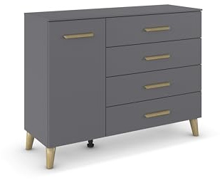 Rauch Möbel ADITIO, Kommode, Farbe Grau metallic, Breite 120 cm | Sideboard im Skandi-Design, 1-türig, 4 Schubladen, Soft-Close, Massivholz Griffe und Füße für Schlafzimmer, Wohnzimmer, Flur