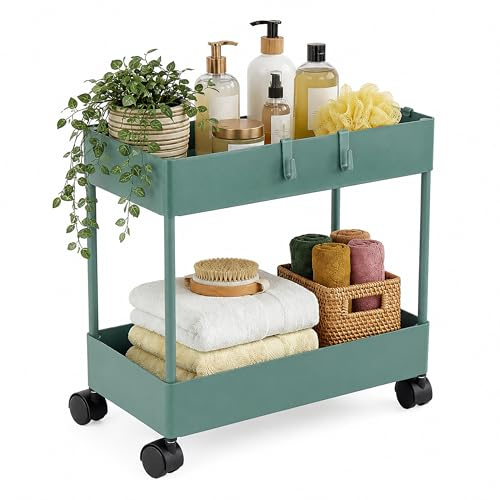 Relaxdays Rollwagen, 2 Etagen, Servierwagen, Küchenwagen, Bad & Büro, grün | Rollregal, HBT 38x39,5x21,5 cm, Bastelwagen