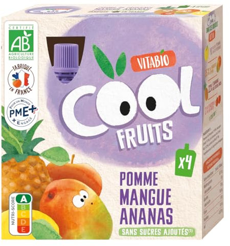 Vitabio Cool - Gourdes Fruits Pomme Mangue Ananas 4x90 g - Compote - BIO