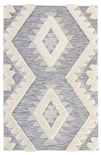 Mint Rugs Tiddas Teppich – Wohnzimmerteppich Flachgewebe mit Hochflor Absetzung im Ethno Design, kuscheliger Vintage Läufer für Wohnzimmer, Schlafzimmer, Esszimmer, Flur – Creme Grau, 155x230cm