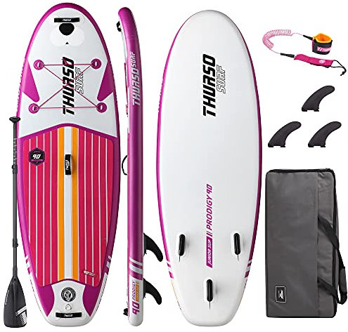 THURSO SURF Wunderkind Junior Kinder aufblasbares Stand Up Paddling Board SUP 228x76x10 cm ZWEISCHICHTIG Inclusive Paddel mit KARBON-Schaft/3 Flossen mit Schnellverschluss/Leine/Seesack (Pink)