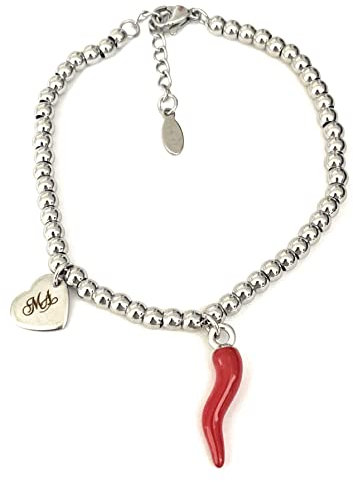 Damen-Armband aus Stahl mit Horn Glücksbringer. Hergestellt in Italien. Emotionales Stahlarmband – Sätze, Gedanken, Worte mit Charms – Anhänger – Größe verstellbar.