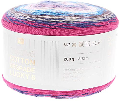 Rico Design Bobbel Farbverlauf Creative Cotton Degrade Lucky 8 blau-pink (14), 200g Farbverlaufswolle zum Häkeln oder Stricken