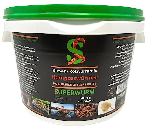 Kompostwurm-Mix 250g (ca.300 St.) - Riesen-Rotwurmmix mit lebenden Kompostwürmern I Kompostwürmer für eine schnelle & nachhaltige Kompostierung im Wurmkomposter Schnellkomposter und Thermokomposter