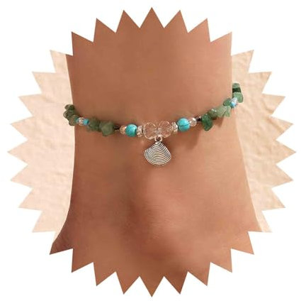 Inilbran Boho Jakobsmuschel Anhänger Knöchel Armband Unregelmäßig Grün Perlen Fußkettchen Armband Vintage Kies Kette Fußkettchen Türkis Fußkettchen Klar Kristall Fußkette Schmuck Für Frauen Und