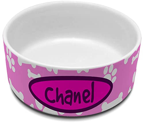 Hundenapf für Hunde. Trinkschale mit Namen. Personalisierter Futternapf aus Keramik. Volumen 650 ml. Rosa Pfotenmotiv.