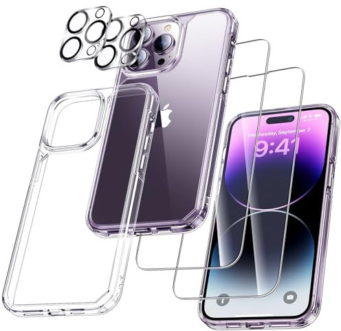 UniqueMe für iPhone 14 Pro Max Hülle, 5-in-1-Set Handyhülle für iPhone 14 Pro Max Case Rundumschutz Schutzhülle Cover, 1 Handyhülle & 2 Schutzfolie & 2 Kameraschutz - Transparent