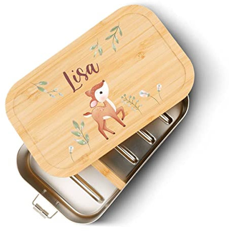GRAVURZEILE Brotdose aus Edelstahl mit bedrucktem Bambusholzdeckel - Lunchbox mit Reh Motiv - Personalisiert mit Name - Geschenk für Kinder zum Schulanfang - Größe: Groß