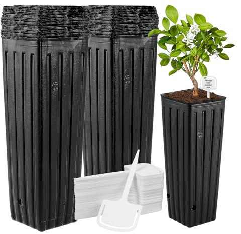 YARNOW 60 StüCk Blumentopf Hoch Plastik Pflanztopf Eckig Pflanzensack Anzuchttopf mit DrainagelöChern von Setzlingen Gemüse und Blumen, mit 60 StüCk Pflanzenetiketten
