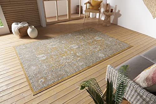 Nouristan Luxor In- & Outdoor Teppich Orient – Orientalischer Flachgewebe Vintage Used Look Waschbar Wetterfest & UV-beständig für Balkon, Terrasse, Garten, Wohnzimmer – Gold, 75x120cm