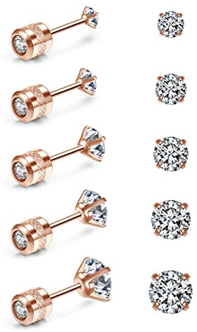 JOVIVI 5 Pairs Surgical Stainless Steel Stud Earrings for Women Men,Double Side Cubic Zirconia Screw Back Studs Earrings Piercing Rose Gold Sleeper Earrings Jewellery 2-6mm