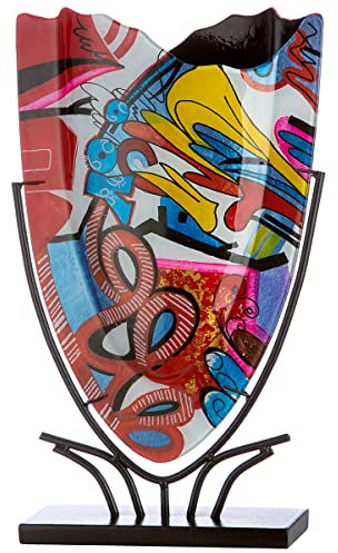 Glas Art Vase Dekovase im Street Art Design auf Metall Ständer - Deko Wohnzimmer - Geschenk für Frauen Geburtstag - Farbe: rot - Höhe 47 cm