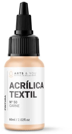 Arts & You Pintura Acrílica Textil 60ml Ideal para pintar Ropa y Tejidos | Pintura Fluida para manualidades en tela | Adhesión en Tejidos muy duradera (50 Carne)