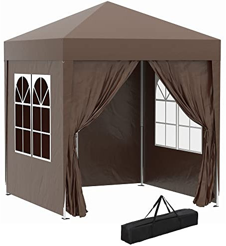 Outsunny Pavillon 2x2m Wasserdicht, Pop-up Faltpavillon mit 4 Seitenwänden, Abflusslöcher Fenster, faltbar Partyzelt UV 30+, Gartenzelt mit Tragetasche, Gartenpavillon für Terrasse, Braun