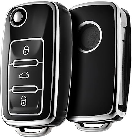 OATSBASF Autoschlüssel Hülle VW, VW Golf Schlüsselbox, Schlüsselhülle Cover für vw Polo Passat Skoda Seat 3-Tasten (Silber Rand-Schwarz)