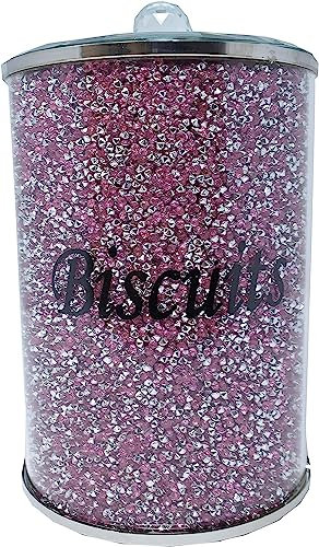 Crystal Crushed Diamond Biscuit Canister Jar Trimmings Crystal Filled Tin Kitchen Storage Gift Present For All Occassion Kitchen Decor (PINK JAR)