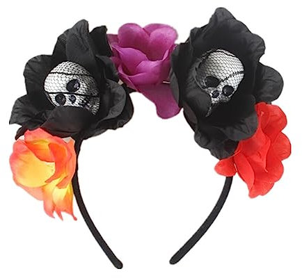 Haarreif Dia de los Muertos, Totenkopf Tiara mit Blumen, Tag der toten haarschmuck, Mexikanischer Feiertag, Haarkranz Blumen Schwarz für Faschingskostüme, Halloween Kostüm, Karneval, Mottoparty