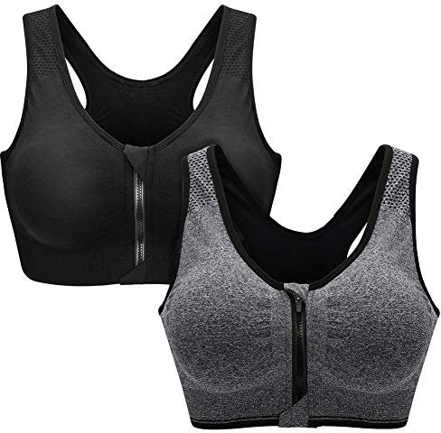 ZOEREA Women's Sports Bra Comfy Yoga Bra with Removable Pads Zip Front Fitness Running Dancing Gym Push Up Bras for Women Black and Gray, S